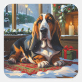 Basset Hound With Christmas Lights Holiday Quadratischer Aufkleber (Vorderseite)
