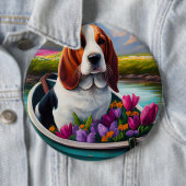 Basset Hund auf einem Paddle: Ein Landschaftliches Button (Beispiel)