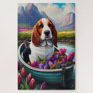 Basset Hund auf einem Paddle: Ein Landschaftliches Puzzle
