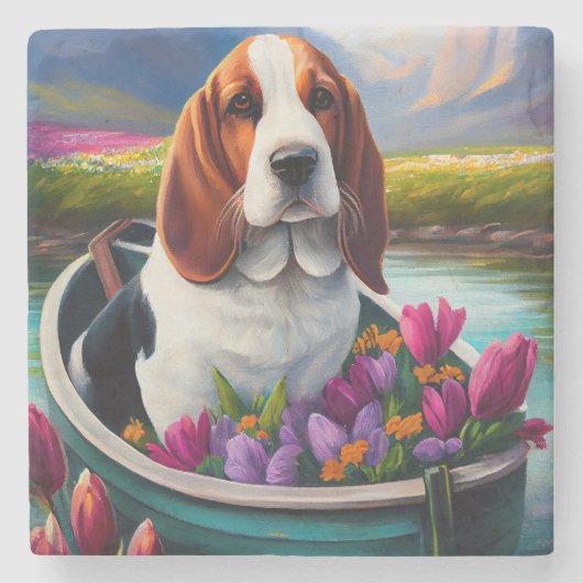 Basset Hund auf einem Paddle: Ein Landschaftliches Steinuntersetzer (Vorderseite)