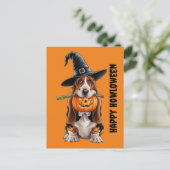 Basset-Hund mit Hexenkürbis und Kürbis Postkarte (Stehend Vorderseite)