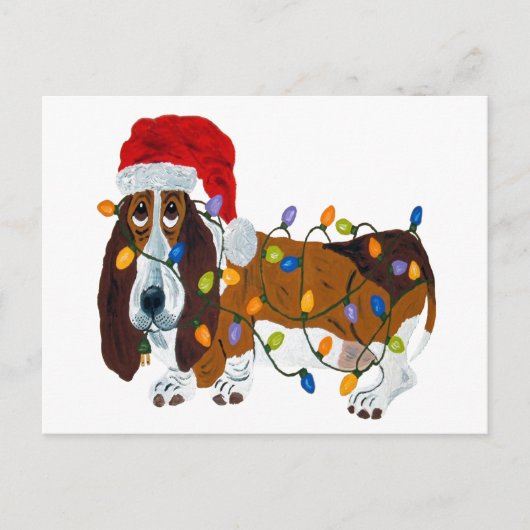 Basset in Weihnachtsbeleuchtung getanzt Feiertagspostkarte (Vorderseite)