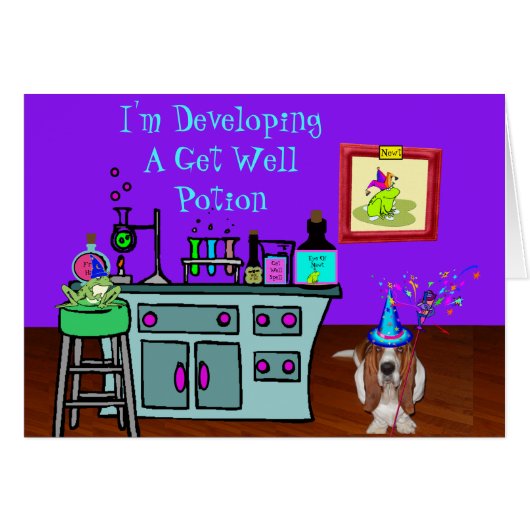 Basset Wizard & Frog on Funny Get Well Card (Vorderseite (Horizontal))