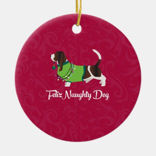 Bassett Hound Christmas Feliz Naughty Dog Keramik Ornament (Vorne)