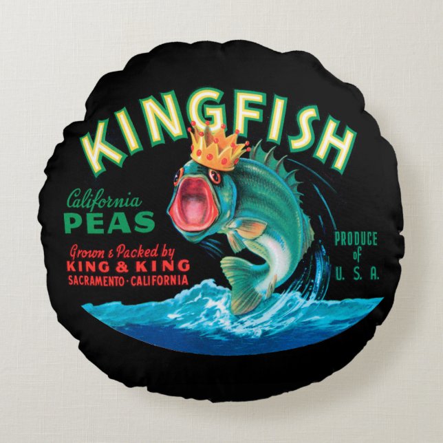 Bassfische mit Krone auf schwarzem Hintergrund Rundes Kissen (Vorderseite)