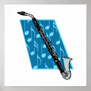 Bassklarinette mit blauem Hintergrund und Musiknot Poster