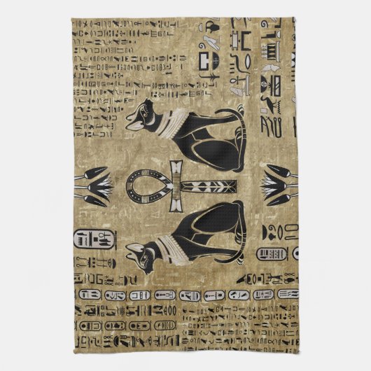 Bastet - Ägyptische Katzen und Ankh-Kreuz Geschirrtuch (Vertikal)