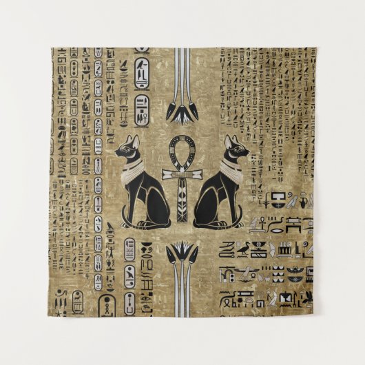 Bastet - Ägyptische Katzen und Ankh-Kreuz Wandteppich (Vorderseite)