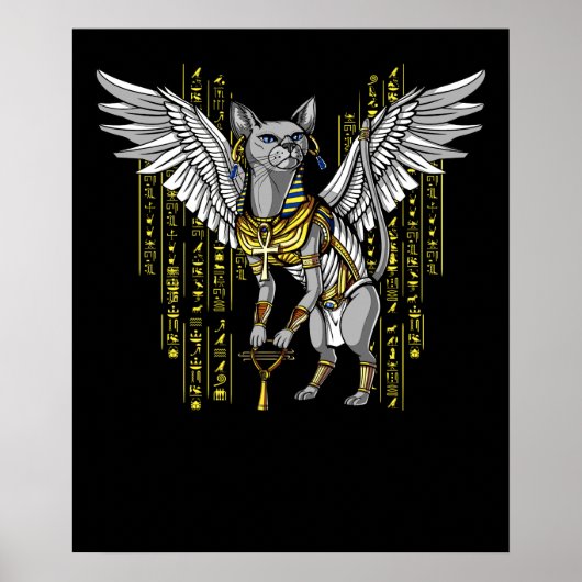 Bastet Egyptian Cat Goddess Ankh Hieroglyphs Poster (Vorne)