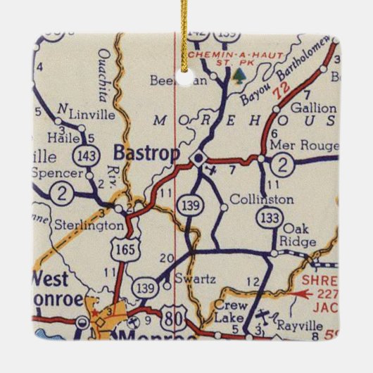 Bastrop LA Vintag Map Keramikornament (Rückseite)