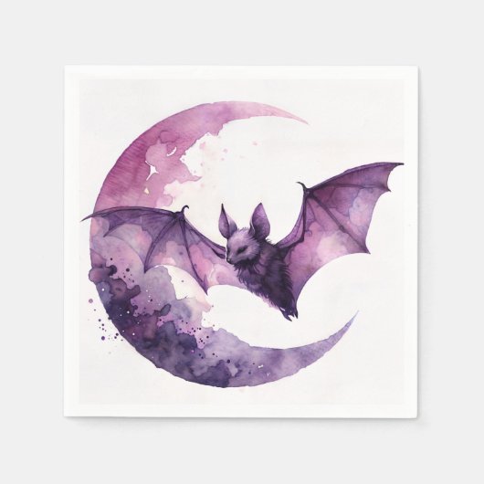 Bat and Crescent Moon Lila Wasserfarbe Kunst Serviette (Vorderseite)