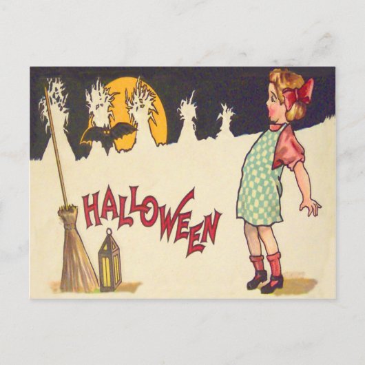 Bat Broom Lantern Moon Cornstalk Girl Postkarte (Vorderseite)