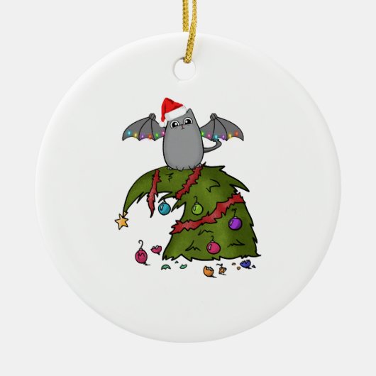 Bat Dragon Cat mit Weihnachtsmannmütze über Weihna Keramik Ornament (Vorne)