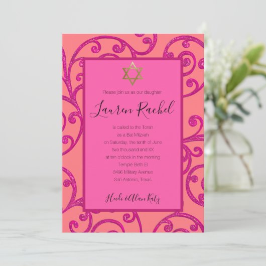 Bat Mitzvah alle Farbe rosa Rollen Design Einladung (Stehend Vorderseite)