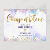 Bat Mitzvah Änderung der Pläne Gold Lila Wasserfar Einladungspostkarte (Vorderseite)