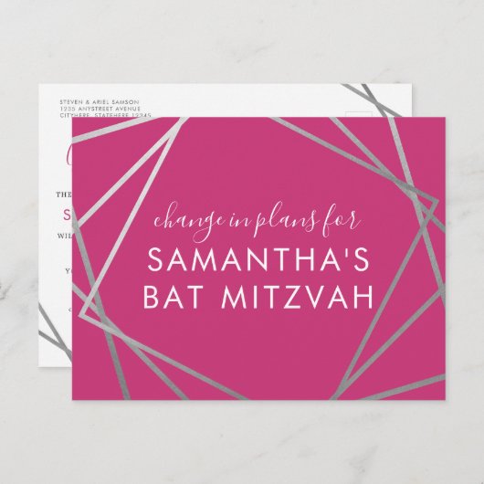 Bat Mitzvah Änderung der Pläne Modernes rosa Silbe Ankündigungspostkarte (Vorne/Hinten)
