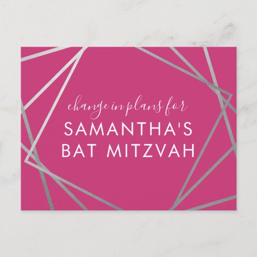 Bat Mitzvah Änderung der Pläne Modernes rosa Silbe Ankündigungspostkarte (Vorderseite)
