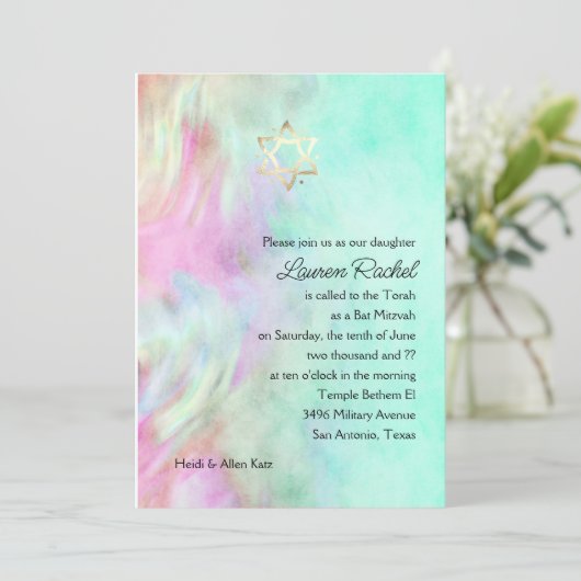 Bat Mitzvah Aqua Gefärbte Krawatte Design Einladun Einladung (Stehend Vorderseite)