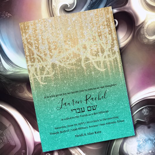 Bat Mitzvah Aqua Gold Extra Funkelnd Einladung