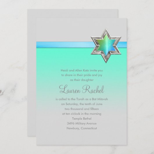 Bat Mitzvah Aqua Green Ombre Ribbon und Star Einladung (Vorne/Hinten)