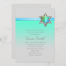 Bat Mitzvah Aqua Green Ombre Ribbon und Star Einladung