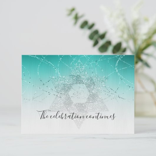 Bat Mitzvah Aqua Star Glitterie nach dem Party Einladung (Stehend Vorderseite)