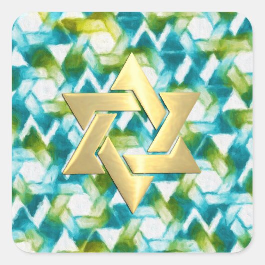 Bat Mitzvah Aqua Türkis Green Star Damask Quadratischer Aufkleber (Vorderseite)