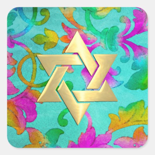 Bat Mitzvah Aqua und rosa Wasserfarben Damaskus Quadratischer Aufkleber (Vorderseite)