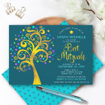 Bat Mitzvah Aquamarin Blauer Chic Goldener Tree of Einladung<br><div class="desc">Seien Sie stolz, freuen Sie sich und präsentieren Sie diesen Meilenstein Ihres Lieblings-Bat Mitzvah! Dieses grafische Imitat aus Goldfolienbaum mit funkelnd türkisfarbenem, aquamarinem, lila und blauen Stern von David und dot "Blätter" auf einem aquamarinen, dunkelblauen Hintergrund ist die perfekte Einladung für diesen besondere Anlass. Auf der Rückseite ist ein winziger,...</div>