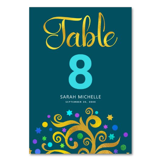 Bat Mitzvah Aquamarin Blue Gold Olivenweg Olivenwe Tischnummer (Vorderseite)
