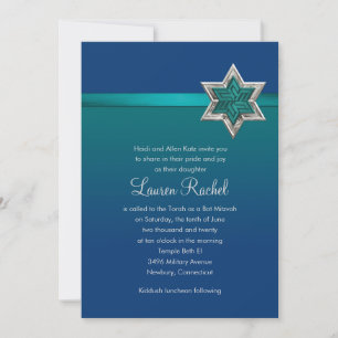 Bat Mitzvah Aquamarin Blue Ombre Ribbon und Star Einladung
