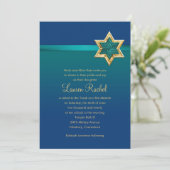 Bat Mitzvah Aquamarin Blue Ombre Ribbon und Star Einladung (Stehend Vorderseite)