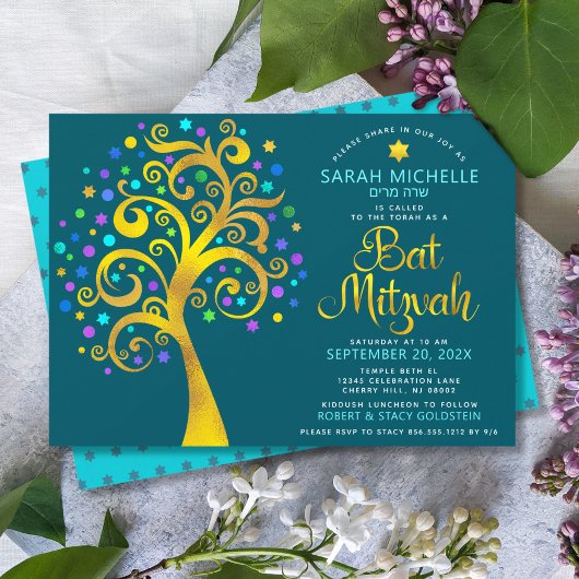 Bat Mitzvah Aquamarin Gold Foil Script Tree of Lif Einladung