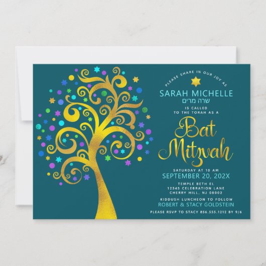 Bat Mitzvah Aquamarin Gold Foil Script Tree of Lif Einladung (Vorderseite)
