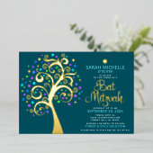 Bat Mitzvah Aquamarin Tree of Life Script Real Gol Folieneinladung (Stehend vorne)