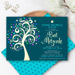 Bat Mitzvah Aquamarin Tree of Life Script Real Gol Folieneinladung<br><div class="desc">Seien Sie stolz, freuen Sie sich und präsentieren Sie diesen Meilenstein Ihres Lieblings-Bat Mitzvah! Diese grafische reale Goldfolienbaum mit funkelnd türkisfarbenem, aquamarinem, lila und blauen Stern von David und dot "Blätter" auf einem dunkelblauen Hintergrund ist die perfekte Einladung für diesen besondere Anlass. Auf der Rückseite ist ein winziger, aquamariner Stern...</div>