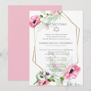 Bat Mitzvah Aquarellfarbene rosa Poppies Verse 2 Einladung