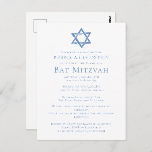 Bat Mitzvah Artistic Blue Star von David Party Postkarte (Vorne/Hinten)