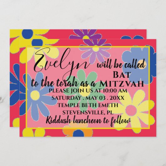Bat Mitzvah Bar Mitzvah Groovy Blume Einladung (Vorne/Hinten)