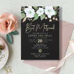 Bat Mitzvah Black Gold Floral Watercolor Script Einladung<br><div class="desc">Seien Sie stolz, freuen Sie sich und präsentieren Sie diesen Meilenstein Ihres Lieblings-Bat Mitzvah mit dieser raffinierten, personalisierten Einladung! Ein schicker, atemberaubender, weißer und goldener Glitzer mit floraler Aquarellfarbe mit Imitaten, Goldfolien-Schrift Typografie und weißer San-Serifenart überlagert einen dramatischen schwarzen Hintergrund. Zusätzliche Aquarellfarben-Blume und ein goldener Star von David überlagern einen...</div>