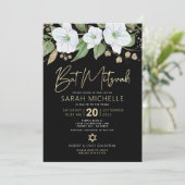 Bat Mitzvah Black Gold Floral Watercolor Script Einladung (Stehend Vorderseite)