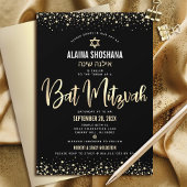 Bat Mitzvah Black Gold Foil Glitzer Script Modern Einladung