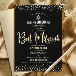 Bat Mitzvah Black Gold Foil Glitzer Script Modern Einladung