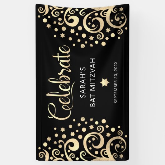 Bat Mitzvah Black Gold Foil Tree of Life Script Banner (Vertikal)