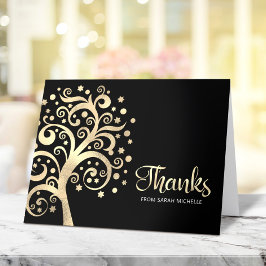 Bat Mitzvah Black Gold Foil Tree of Life Script Dankeskarte