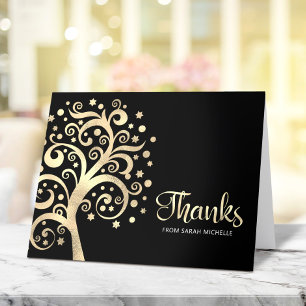 Bat Mitzvah Black Gold Foil Tree of Life Script Dankeskarte