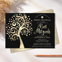 Bat Mitzvah Black Gold Foil Tree of Life Script Einladung