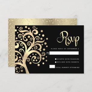 Bat Mitzvah Black Gold Foil Tree of Life Script RSVP Karte