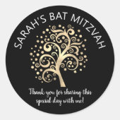 Bat Mitzvah Black Gold Foil Tree of Life Script Runder Aufkleber (Vorderseite)