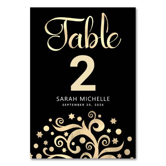 Bat Mitzvah Black Gold Foil Tree of Life Script Tischnummer (Rückseite)